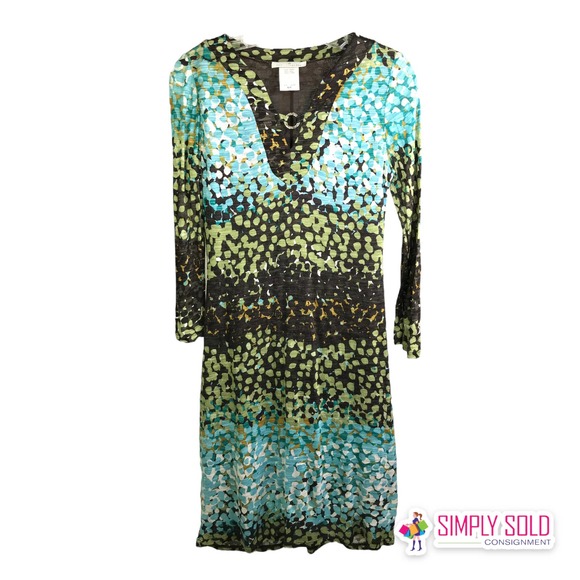 Papillon Blanc Women's A-Line Dress Long Sleeve V-Neck Blue Green Colorblock M - Picture 1 of 10